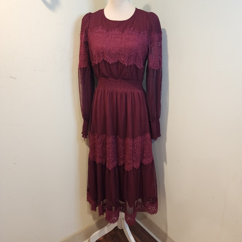 Bohme Burgundy Lace Tiered Midi Long Sleeves Dress Sz S